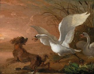 A swan attacking a dog - Abraham Hondius — artwork view