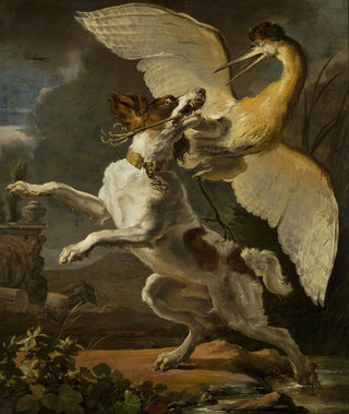 a dog fighting a heron - Abraham Hondius — artwork view