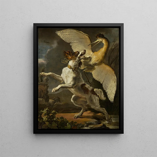 a dog fighting a heron - Abraham Hondius — framed artwork on a wall