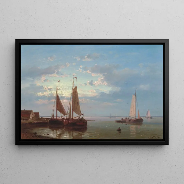 Bateaux de pêche amarrés dans un port calme - Abraham Hulk — framed artwork on a wall