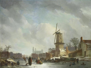 S'amuser sur un canal gelé dans une ville - Abraham Johannes Couwenberg — artwork view