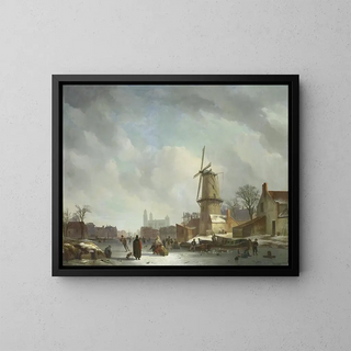 S'amuser sur un canal gelé dans une ville - Abraham Johannes Couwenberg — framed artwork on a wall