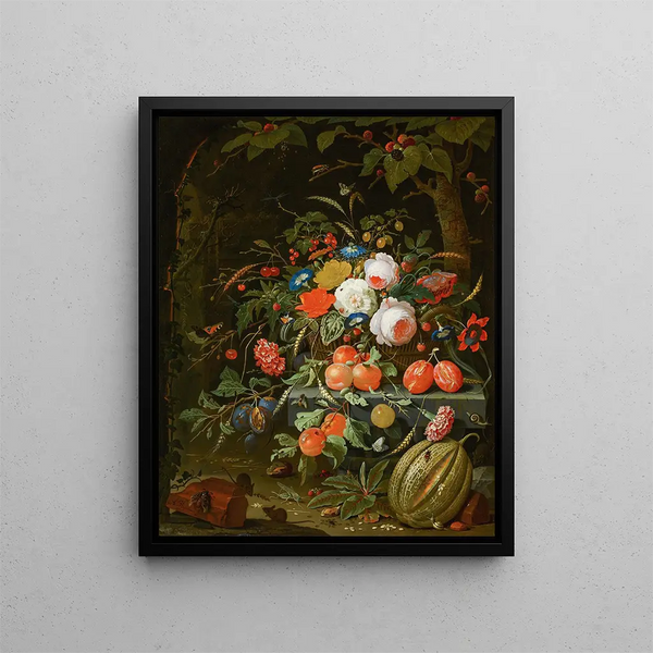 Flowers and Fruits - Abraham Mignon — framed artwork on a wall