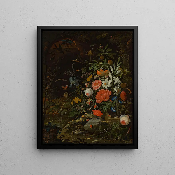 Flowers and Small Creatures Vanitas - Abraham Mignon — framed artwork on a wall