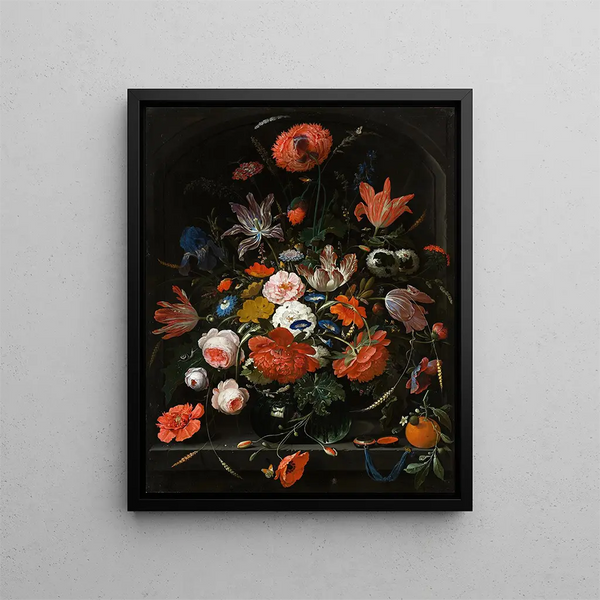 Flowers in a Glass Vase - Abraham Mignon — framed artwork on a wall