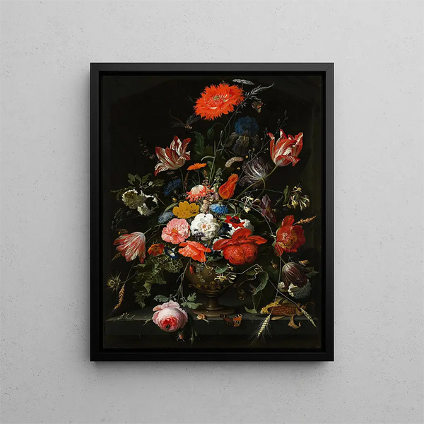 Flowers in a Metal Vase - Abraham Mignon — framed artwork on a wall