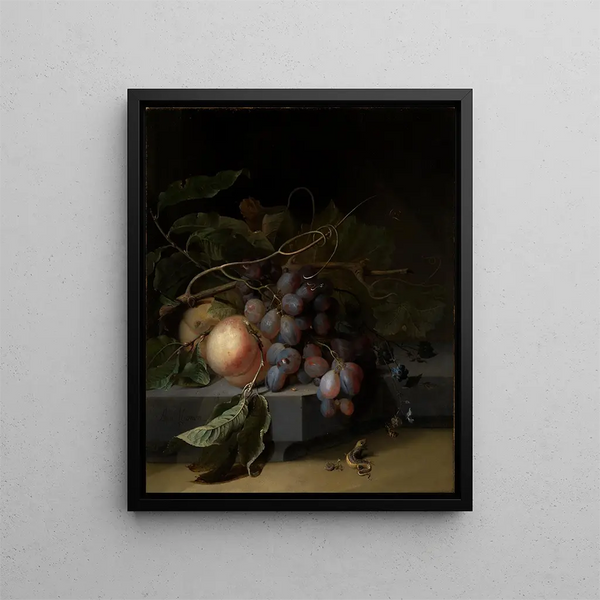 Nature morte aux fruits avec lézard - Abraham Mignon — framed artwork on a wall