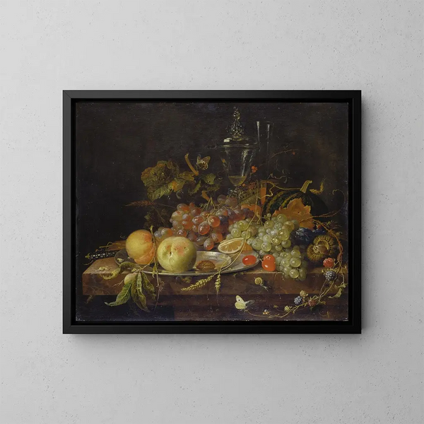 Still life with fruits, tin plate, and wine glasses - Abraham Mignon — framed artwork on a wall