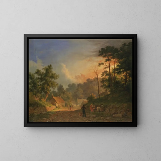 Sunset over a rural landscape - Abraham Pether — framed artwork on a wall