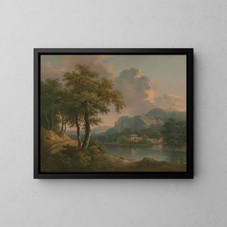 Landscape painting of wooded and hilly scenery - Abraham Pether — framed artwork on a wall