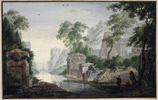 Ancient Tomb Ruins in a River Landscape - Abraham Rademaker — artwork view