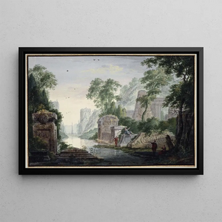 Ancient Tomb Ruins in a River Landscape - Abraham Rademaker — framed artwork on a wall
