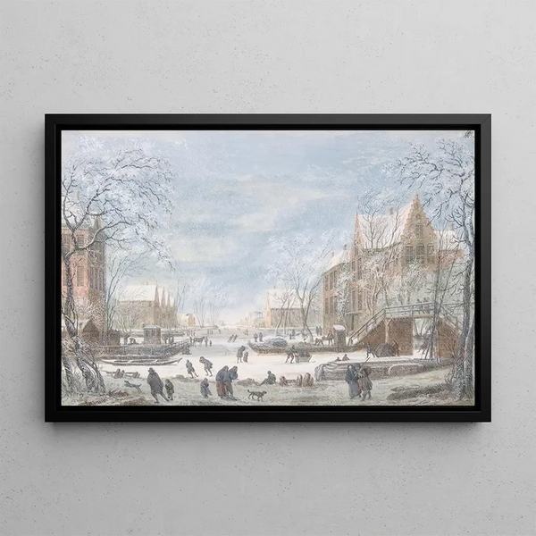 Snow falling on a Dutch city - Abraham Rademaker — framed artwork on a wall