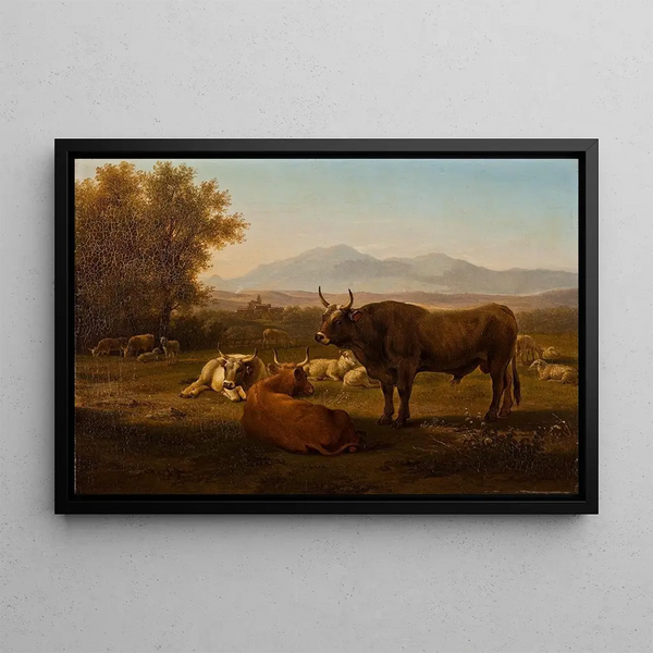 Landscape painting with cattle - Abraham Teerlink — framed artwork on a wall