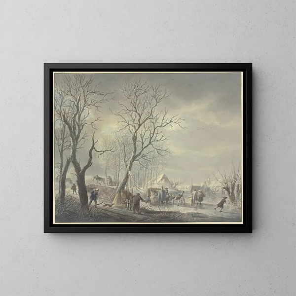 Winter landscape painting, ice skating on the canal, a hussar kisses a girl holding a drink - Abraham Teerlink — framed artwork on a wall