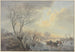 Winter landscape painting on ice, three men push a boat towards the land, with two dogs standing - Abraham Teerlink — artwork view