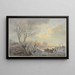 Winter landscape painting on ice, three men push a boat towards the land, with two dogs standing - Abraham Teerlink — framed artwork on a wall