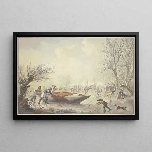 Winter landscape painting on ice, three men push a boat towards the land, on the right a skater chased by a dog - Abraham Teerlink — framed artwork on a wall