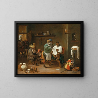 A cat in a hair salon run by monkeys - Abraham Teniers — framed artwork on a wall