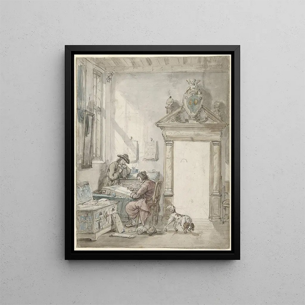 Interior scene with a man writing at a desk - Abraham van Strij — framed artwork on a wall
