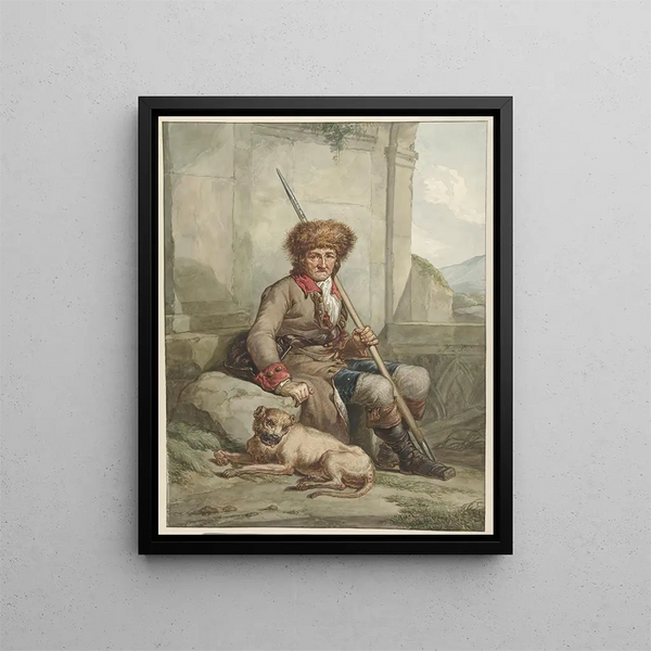 a Sitting Hunter with a Fur Hat, a Lance, and a Backpack - Abraham van Strij — framed artwork on a wall