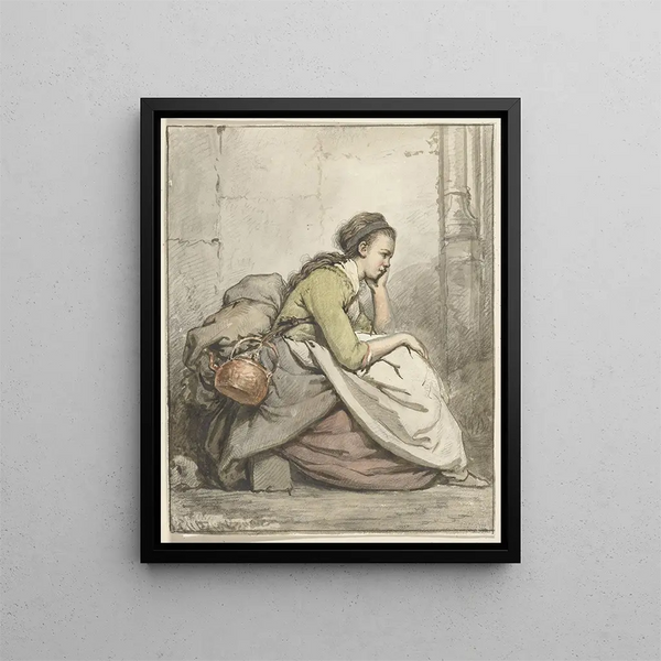 a seated woman with a copper boiler - Abraham van Strij — framed artwork on a wall
