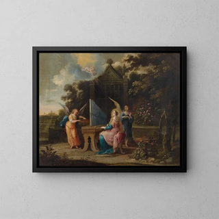 Saint Cecilia with a small organ in a garden - Abraham Willemsen — framed artwork on a wall