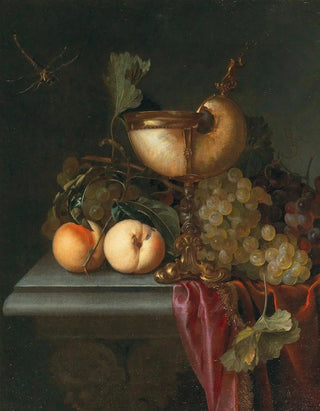 Still life with a Nautilus shell, grapes, and peaches - Abraham de Lust — artwork view