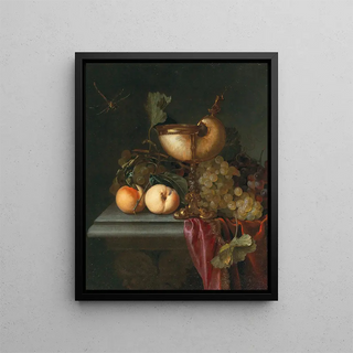 Still life with a Nautilus shell, grapes, and peaches - Abraham de Lust — framed artwork on a wall