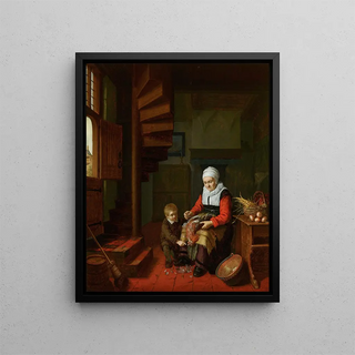 Old woman peeling a rooster - Abraham de Pape — framed artwork on a wall