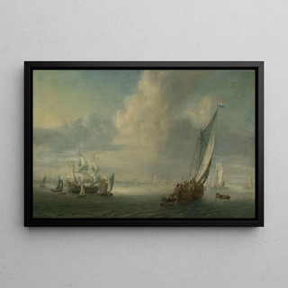 Marine view painting with a port in the background - Abraham de Verwer — framed artwork on a wall