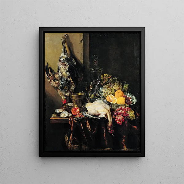 Still life with fruits and poultry - Abraham van Beijeren — framed artwork on a wall