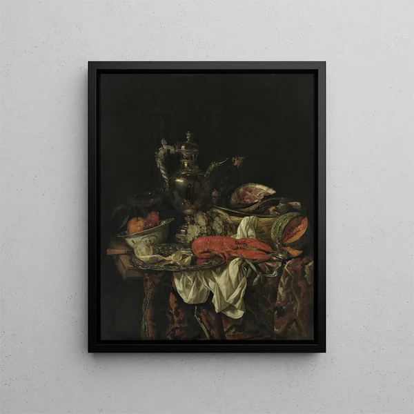 Still life with a silver jug - Abraham van Beijeren — framed artwork on a wall