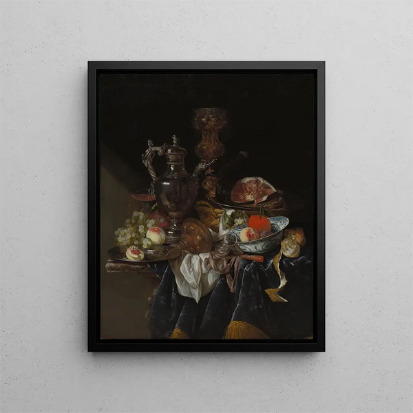 Silver Wine Jug, Ham, and Fruits - Abraham van Beyeren — framed artwork on a wall