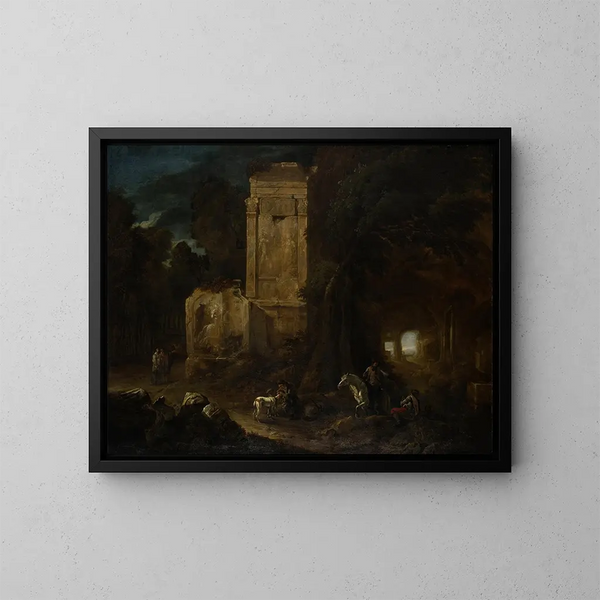 Landscape painting with ancient ruins - Abraham van Cuylenborch — framed artwork on a wall
