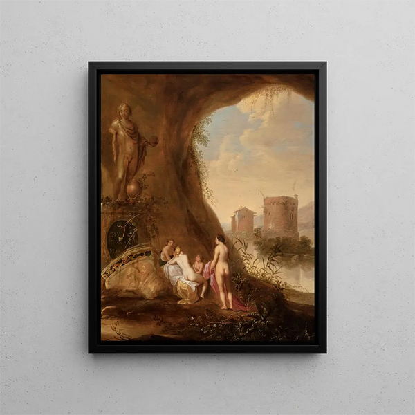Nymph in a Cave Near a Ruined Statue - Abraham van Cuylenborch — framed artwork on a wall