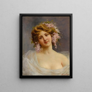 Girl with Lilacs - Achille Beltrame — framed artwork on a wall