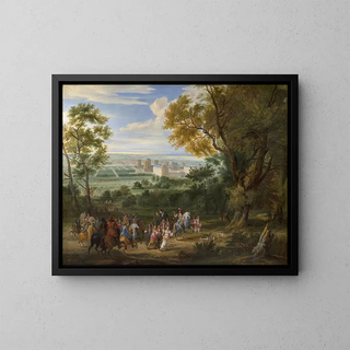 View of Vincennes Castle or Louis XIV's Departure for the Hunt - Adam François van der Meulen — framed artwork on a wall