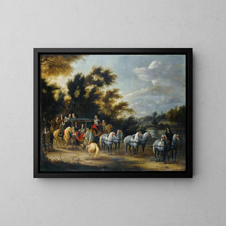 Coach stop near a woods - Adam Frans van der Meulen — framed artwork on a wall