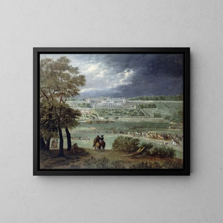 The Château Neuf de Saint-Germain-en-Laye and the gardens seen from the right bank of the Seine - Adam Frans van der Meulen — framed artwork on a wall