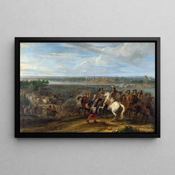 Louis XIV crossing the Netherlands at Lobith - Adam Frans van der Meulen — framed artwork on a wall