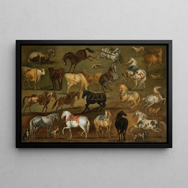 Horse, Cow, and Dog Studies - Adam Frans van der Meulen — framed artwork on a wall
