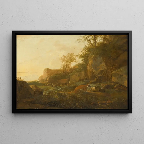 Mountainous landscape painting with livestock - Adam Pynacker — framed artwork on a wall