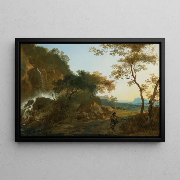 Italianate Landscape Painting with a Traveler on a Path Near a Waterfall - Adam Pynacker — framed artwork on a wall
