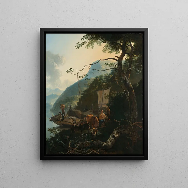 Bateaux amarrés sur le rivage d'un lac italien - Adam Pynacker — framed artwork on a wall