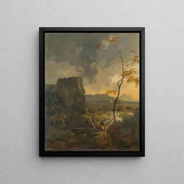 Italian landscape painting with ancient Tempietto - Adam Pynacker — framed artwork on a wall