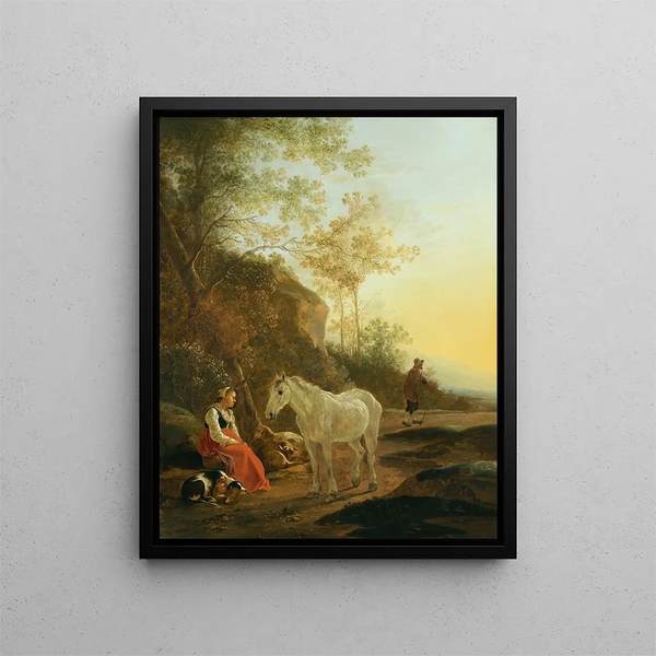 Landscape painting with a shepherdess and a white horse - Adam Pynacker — framed artwork on a wall