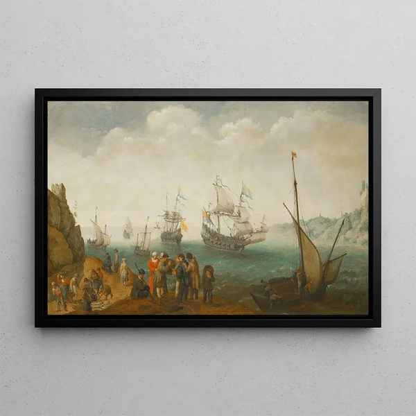 a marine scene with five ships at sea and another in port, featuring mainly male groups engaged in buying or selling fish or other goods - Adam Willaerts — framed artwork on a wall