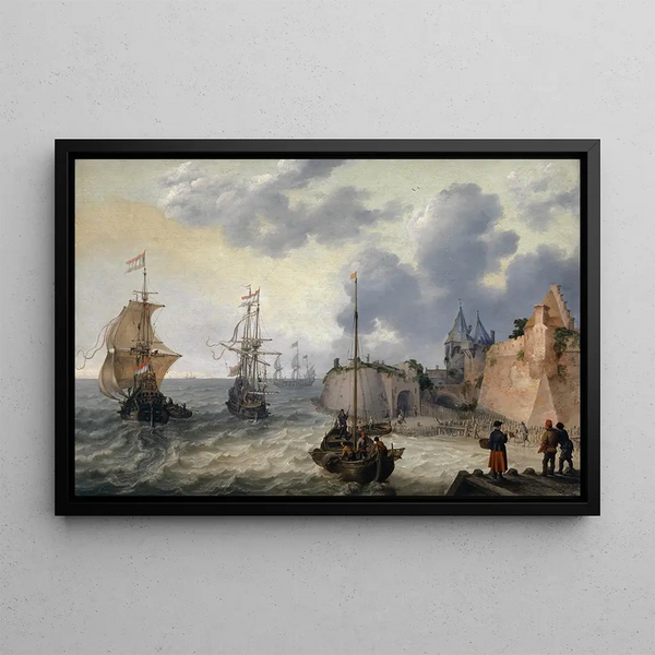Dutch sailing ship painting - Adam Willaerts — framed artwork on a wall