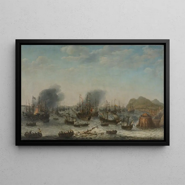 Naval Battle near Gibraltar, April 25, 1607 - Adam Willaerts — framed artwork on a wall